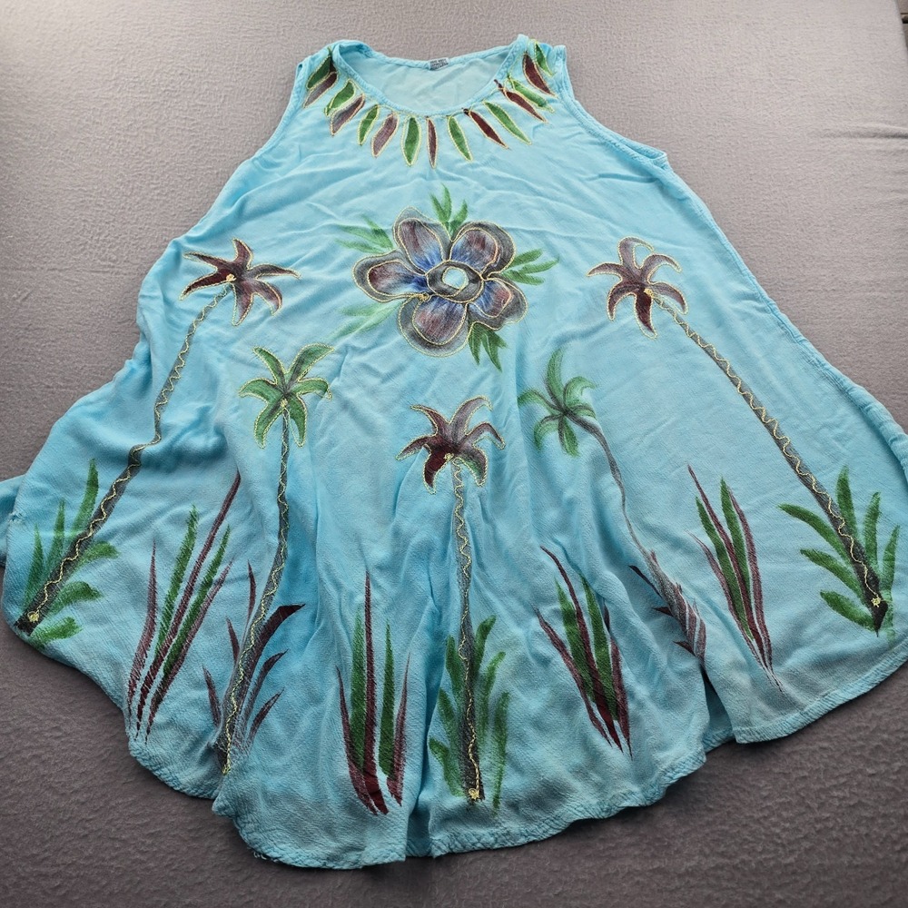 VTG Women's Summer Dress Free Size Blue Palm Tree Print Embroidered Round Neck